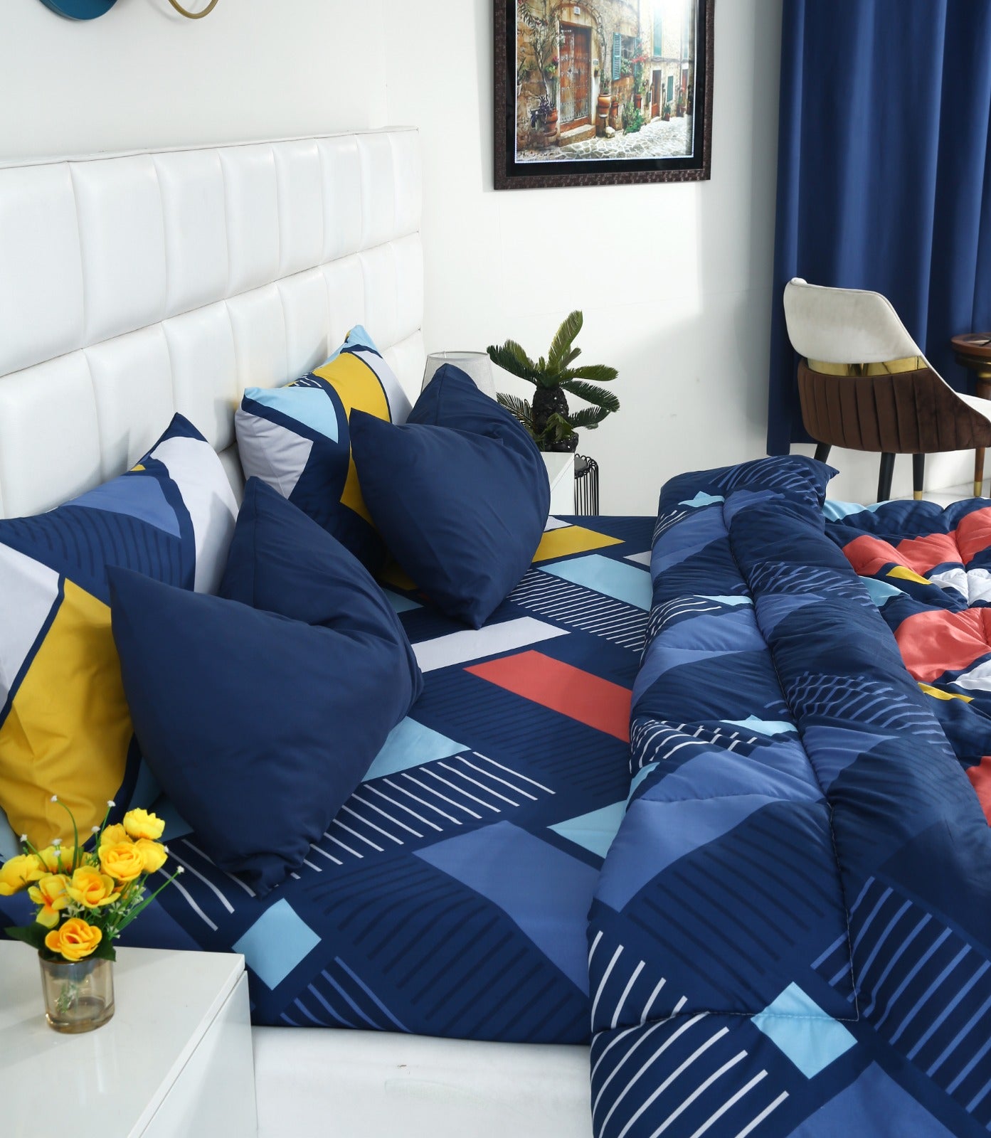 6 PCs Summer Comforter Set-Zig Zag Rainbow Bed Spread Apricot