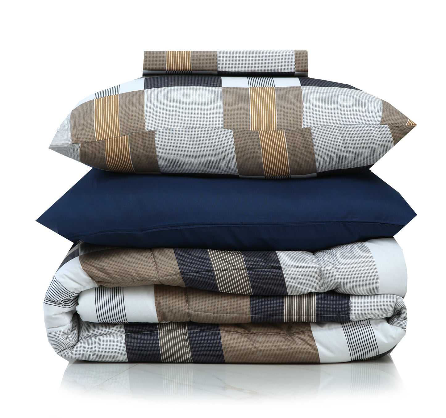 6 PCs Summer Comforter Set-Brown Check Bed Spread Apricot