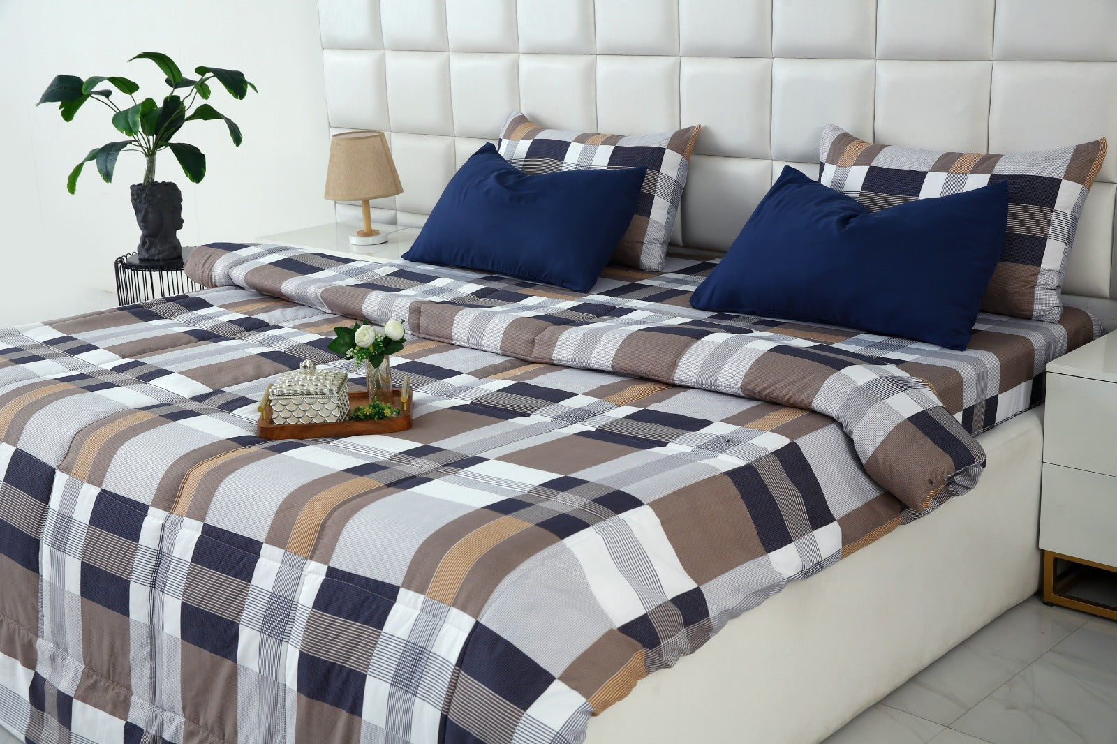 6 PCs Summer Comforter Set-Brown Check Bed Spread Apricot