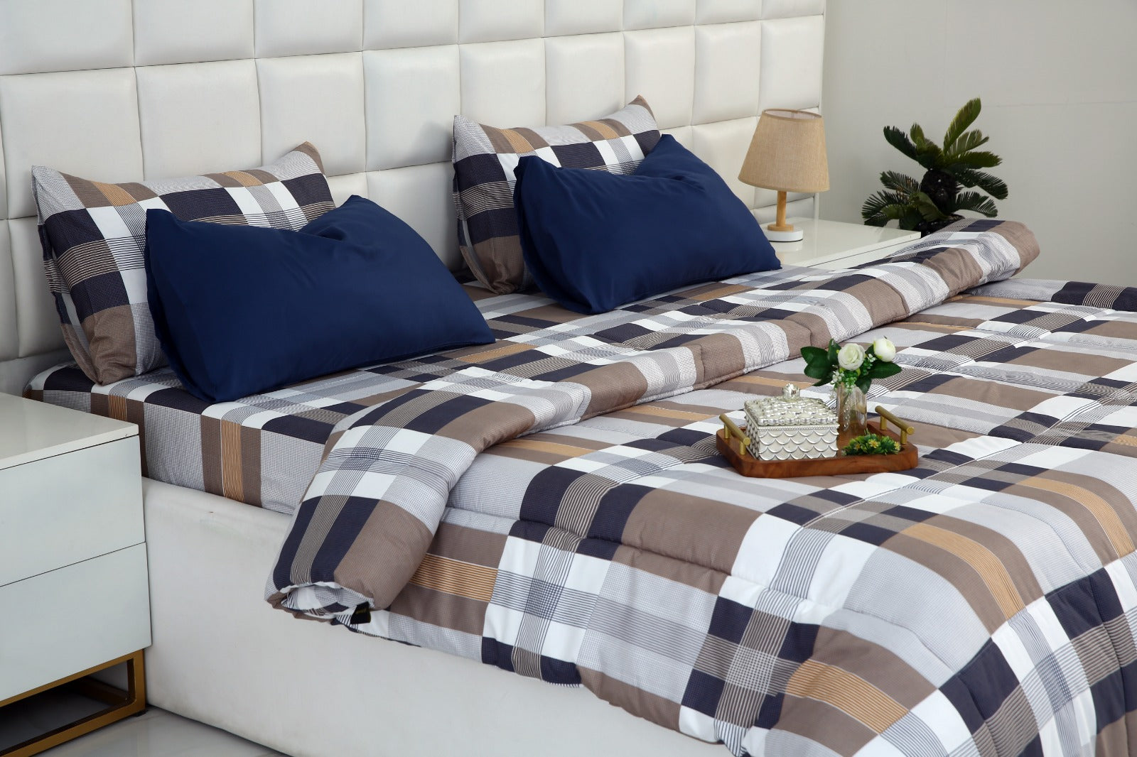 6 PCs Summer Comforter Set-Brown Check Bed Spread Apricot