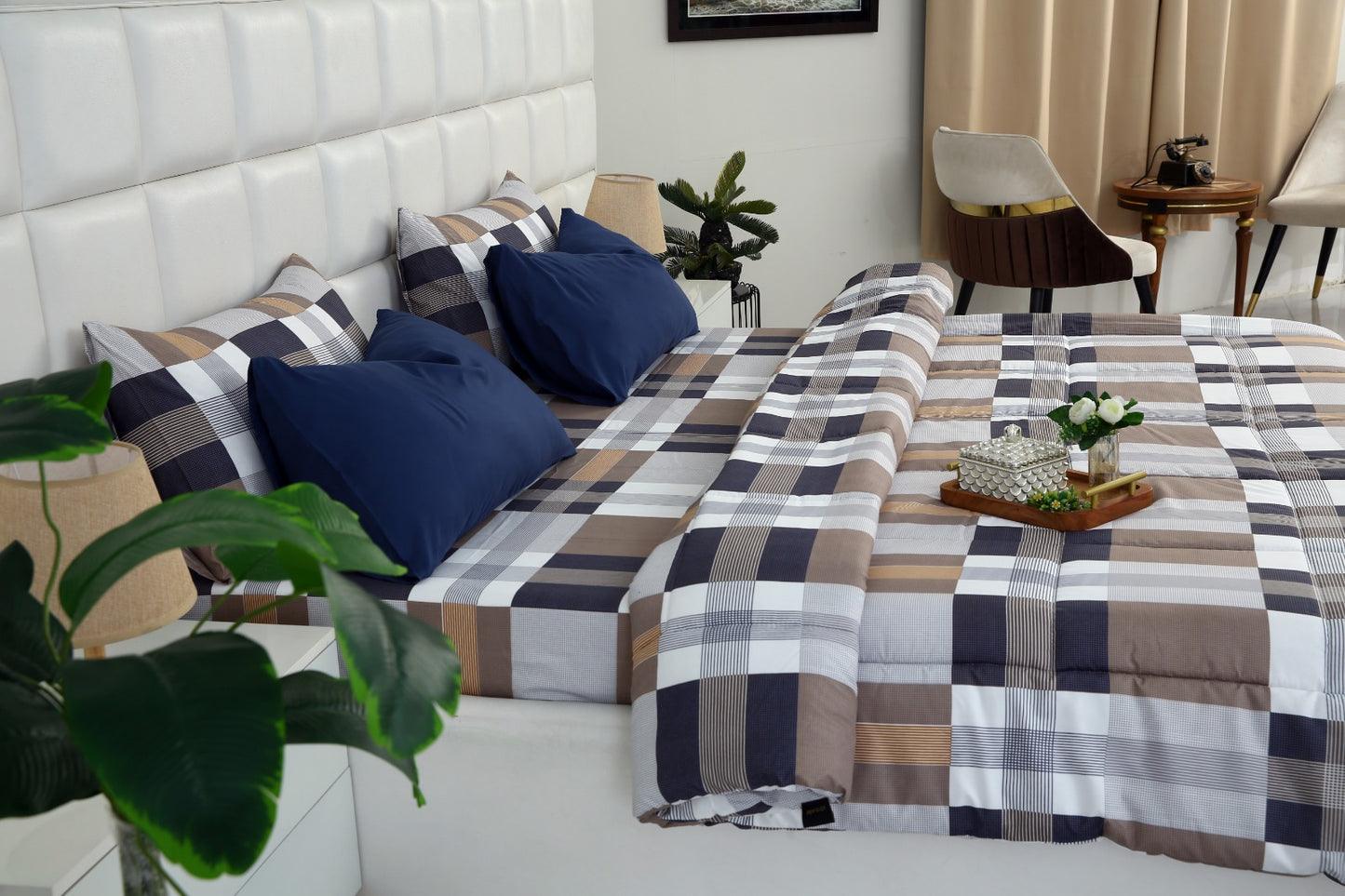 6 PCs Summer Comforter Set-Brown Check Bed Spread Apricot