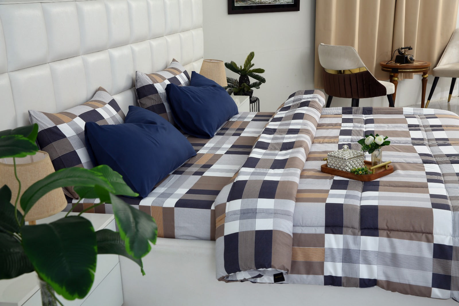 6 PCs Summer Comforter Set-Brown Check Bed Spread Apricot