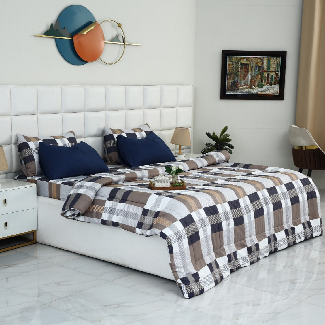 6 PCs Summer Comforter Set-Brown Check Bed Spread Apricot
