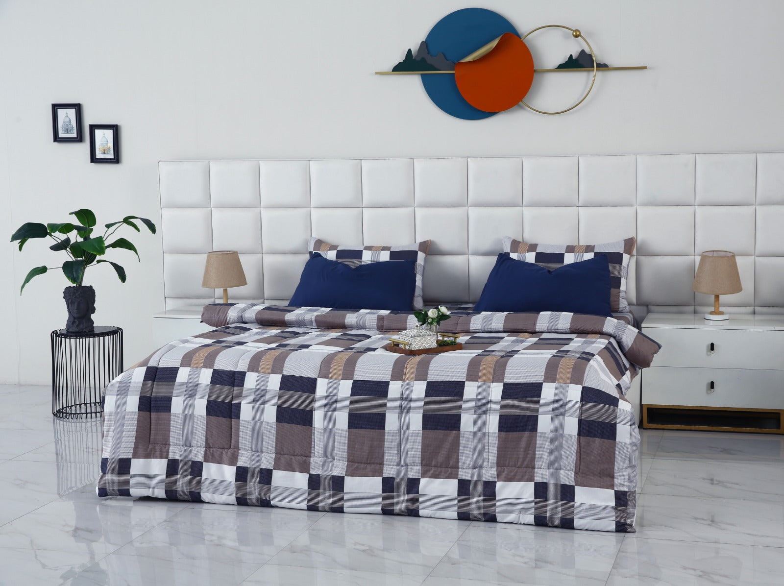 6 PCs Summer Comforter Set-Brown Check Bed Spread Apricot