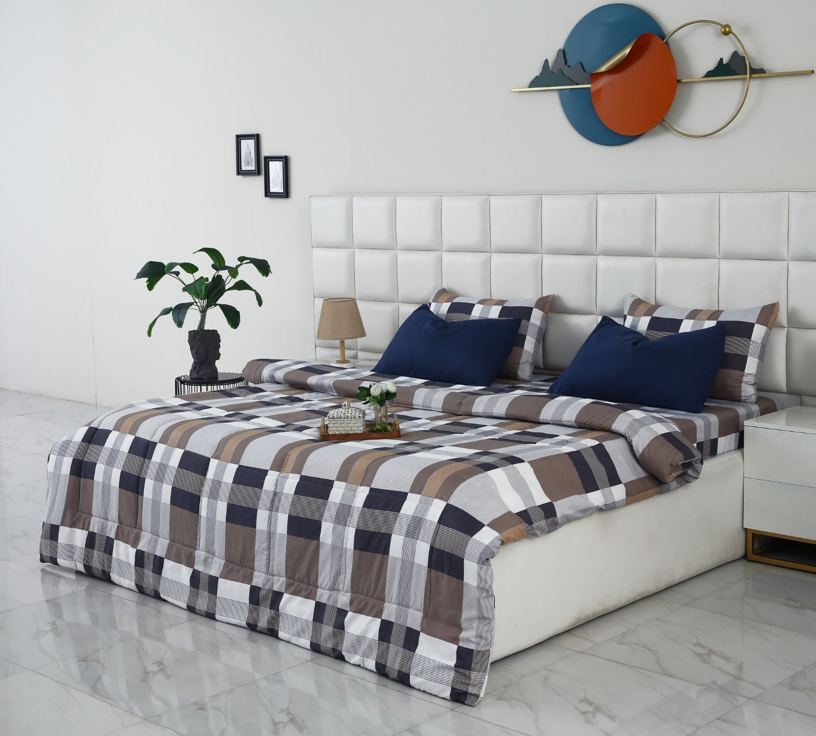 6 PCs Summer Comforter Set-Brown Check Bed Spread Apricot