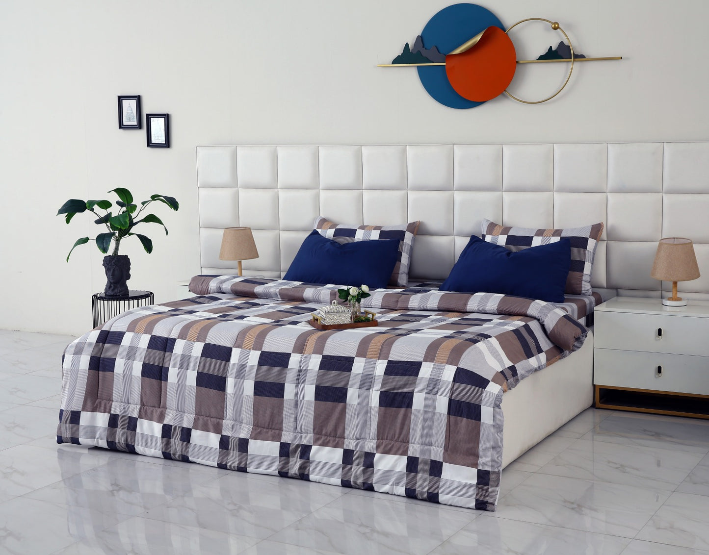 6 PCs Summer Comforter Set-Brown Check Bed Spread Apricot