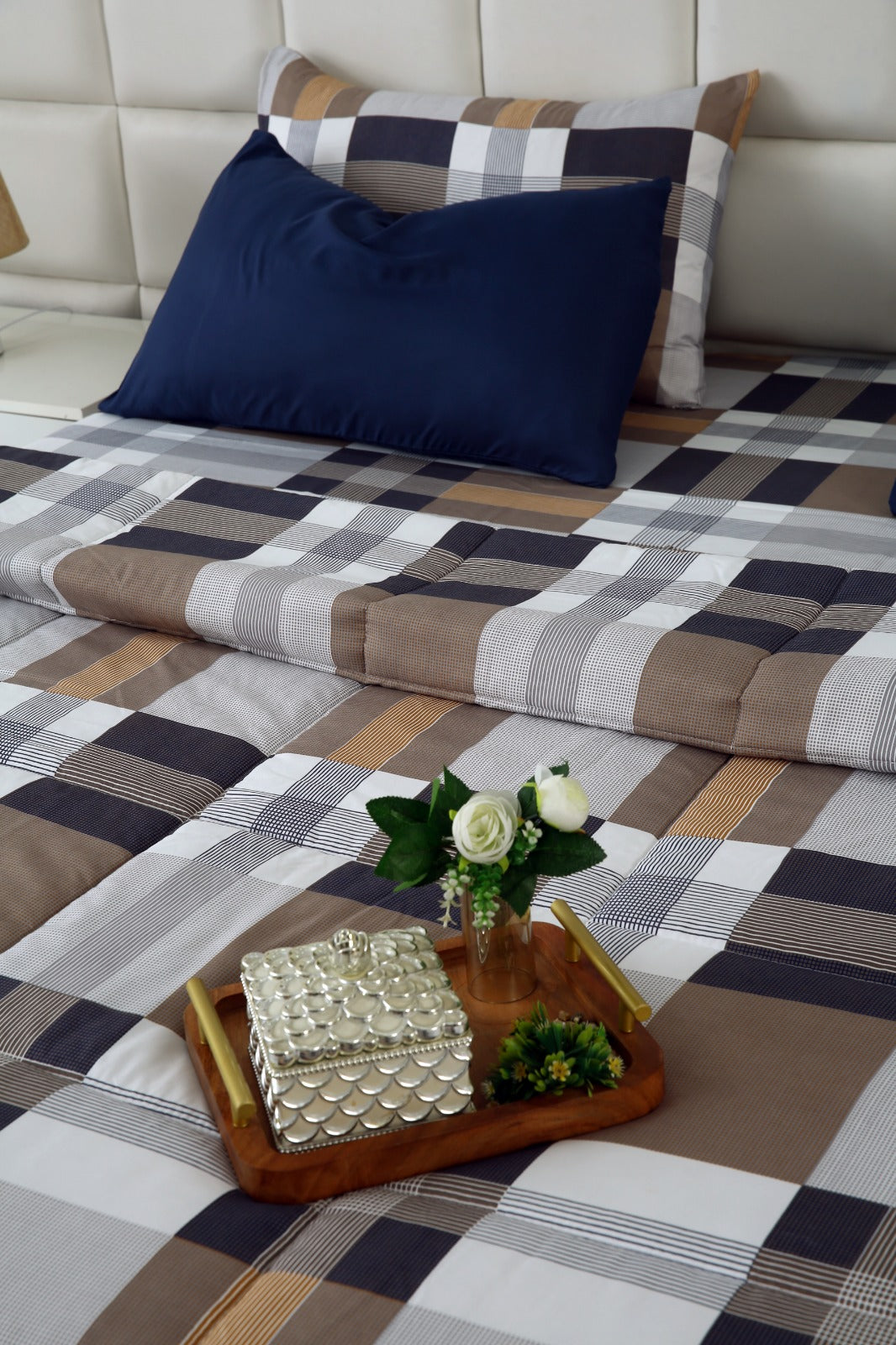 6 PCs Summer Comforter Set-Brown Check Bed Spread Apricot