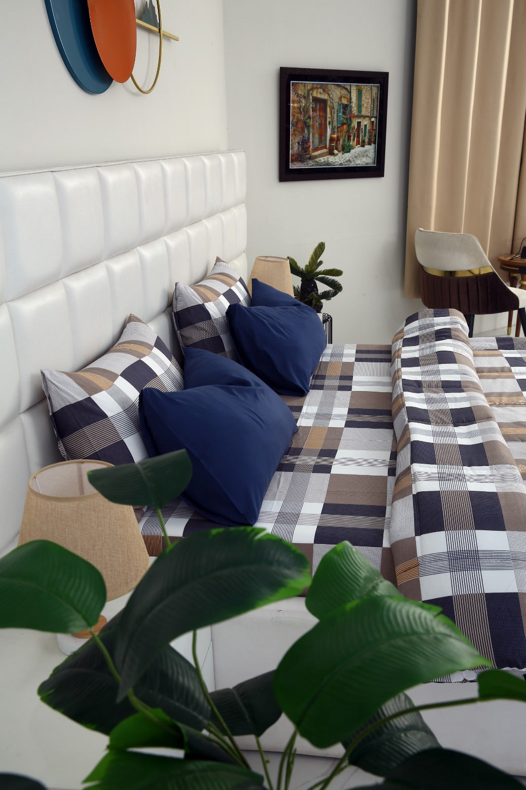 6 PCs Summer Comforter Set-Brown Check Bed Spread Apricot