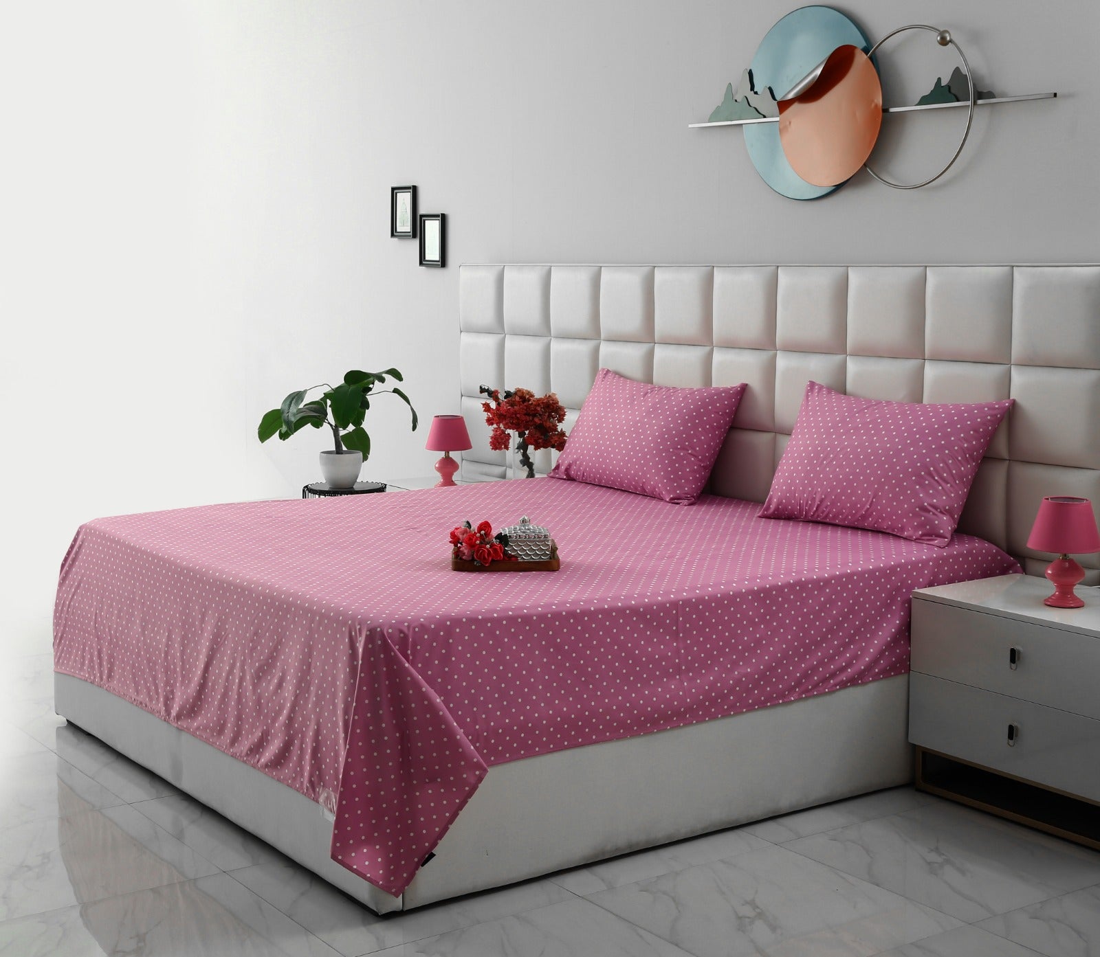 3 PCs Double Bed Sheet-Lilac Polka Bed Sheets Apricot