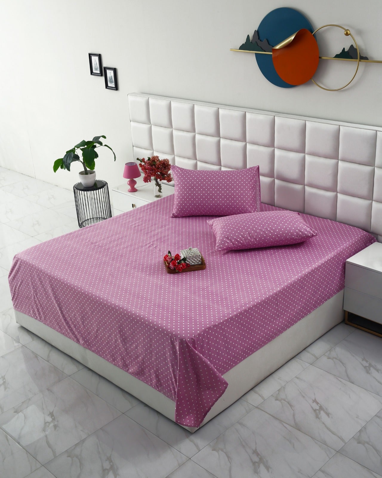 3 PCs Double Bed Sheet-Lilac Polka Bed Sheets Apricot