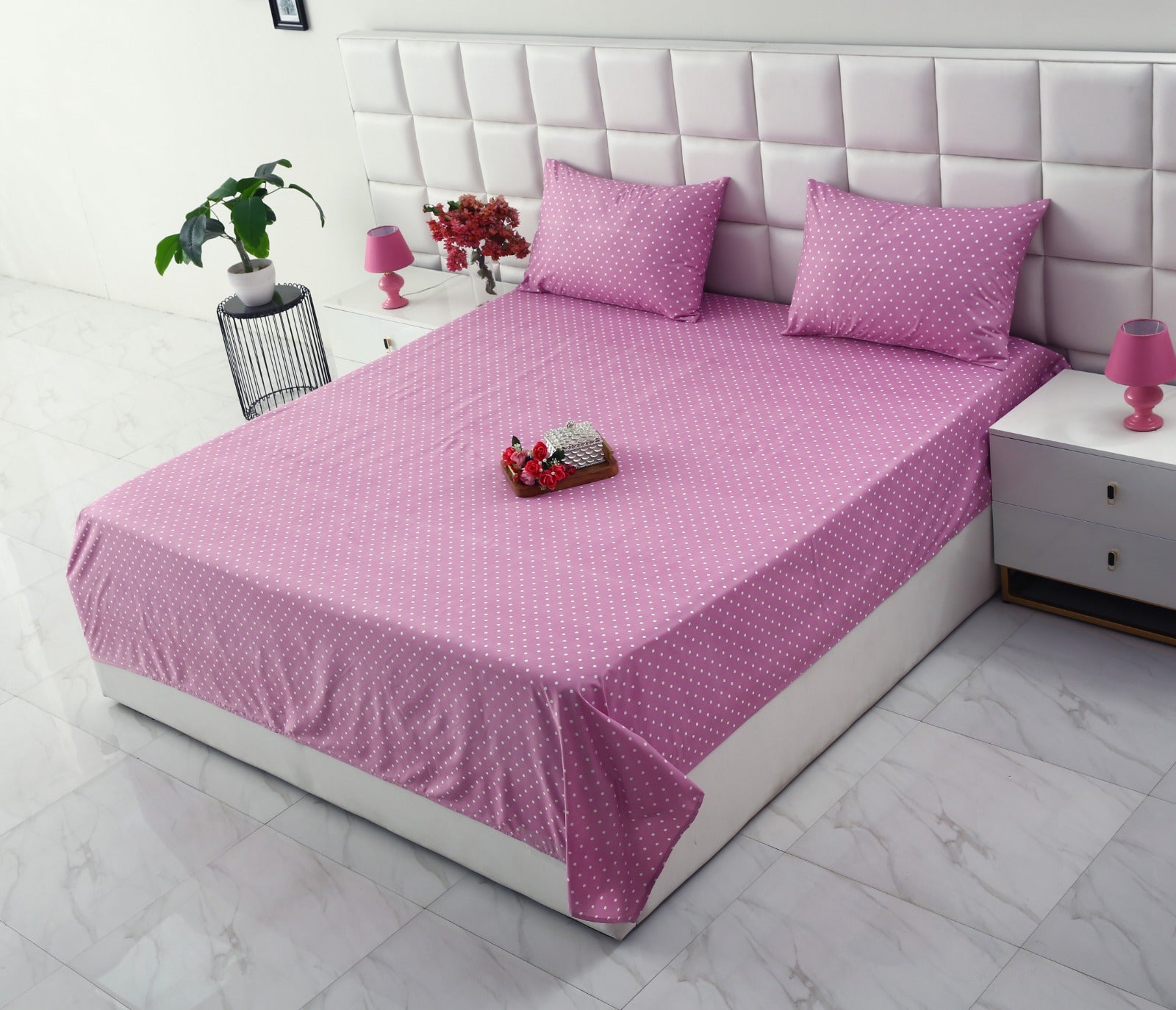 3 PCs Double Bed Sheet-Lilac Polka Bed Sheets Apricot