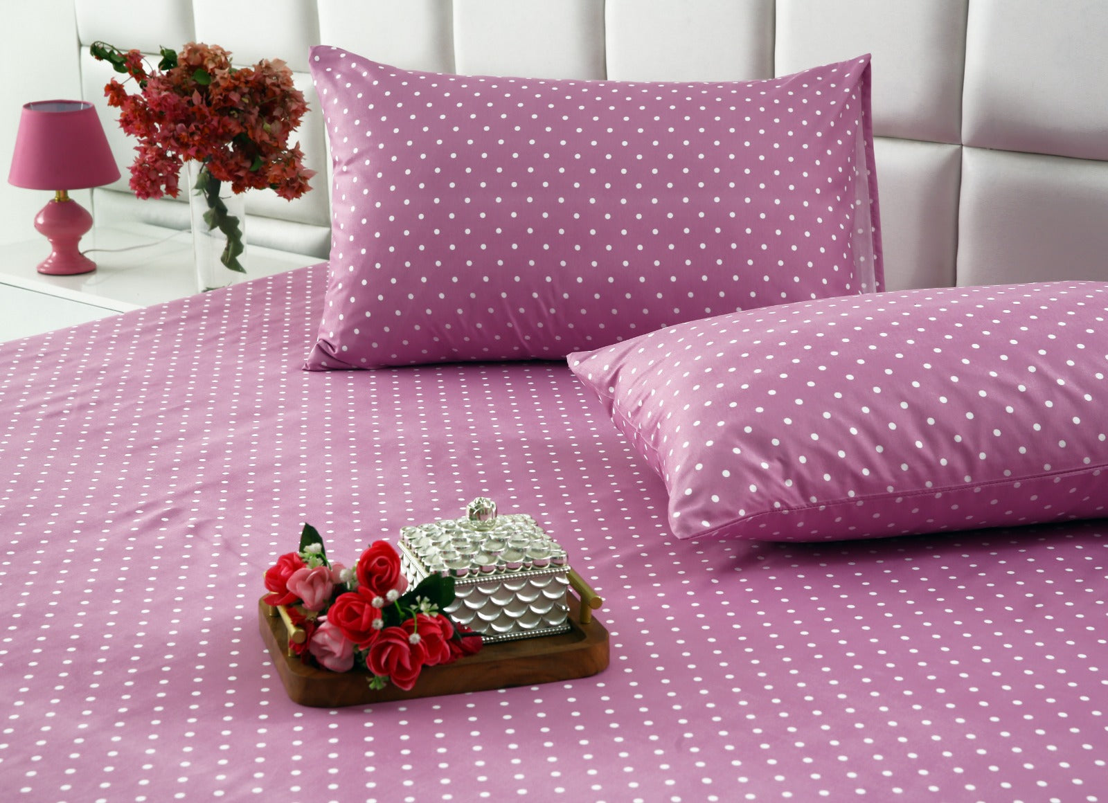 3 PCs Double Bed Sheet-Lilac Polka Bed Sheets Apricot