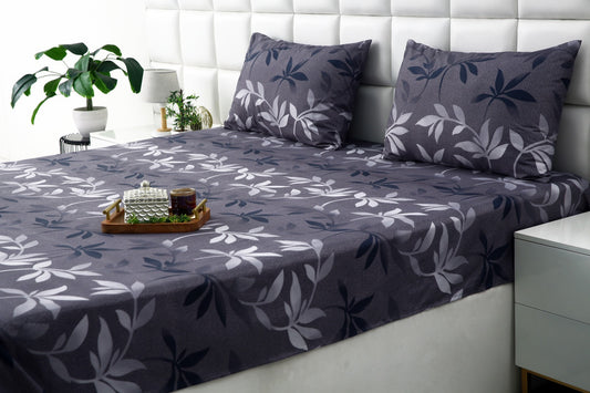 3 PCs Double Bed Sheet-Grey Leaf Bed Sheets Apricot