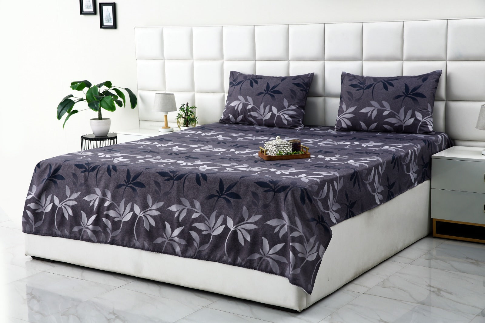 3 PCs Double Bed Sheet-Grey Leaf Bed Sheets Apricot