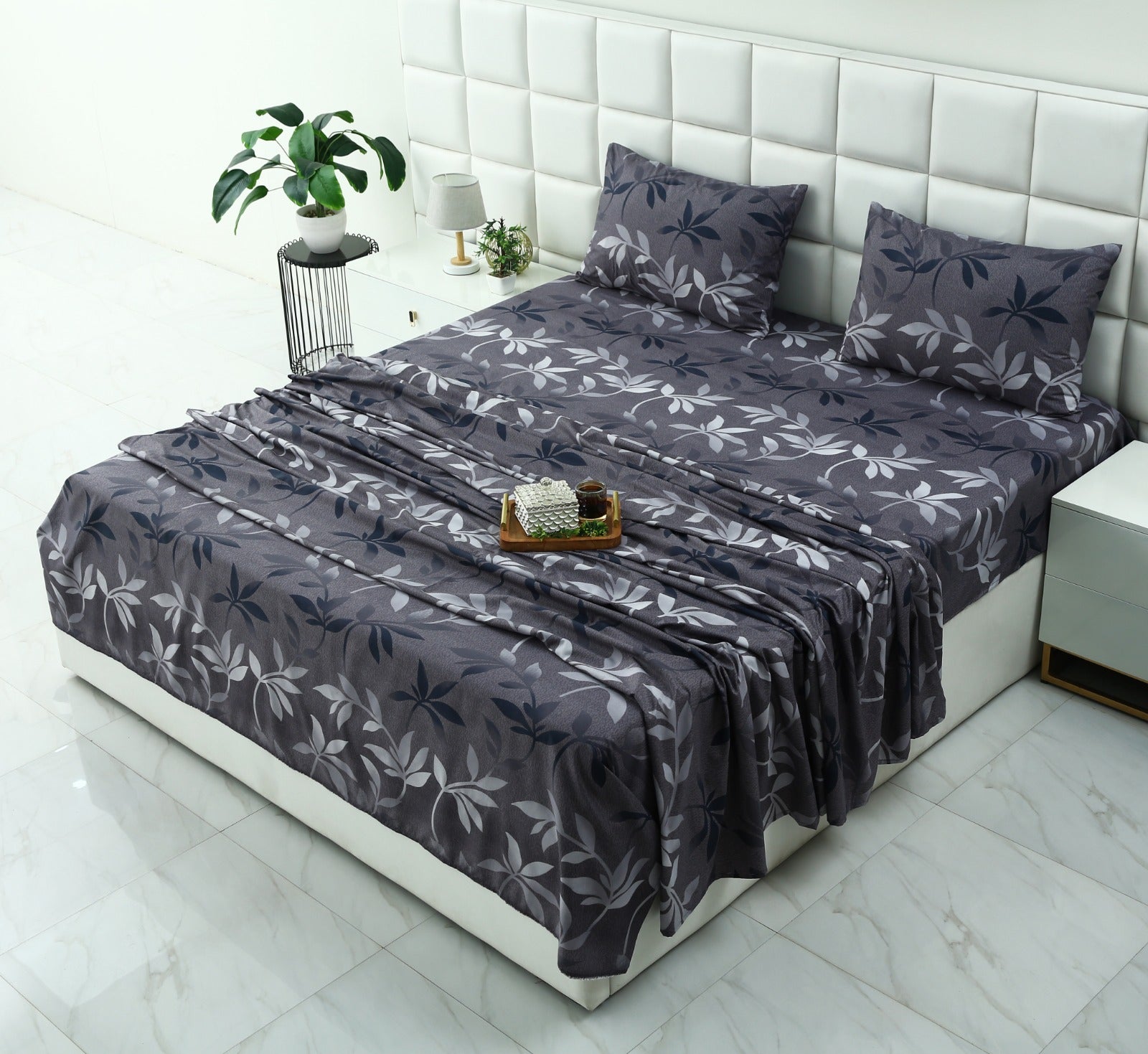 3 PCs Double Bed Sheet-Grey Leaf Bed Sheets Apricot