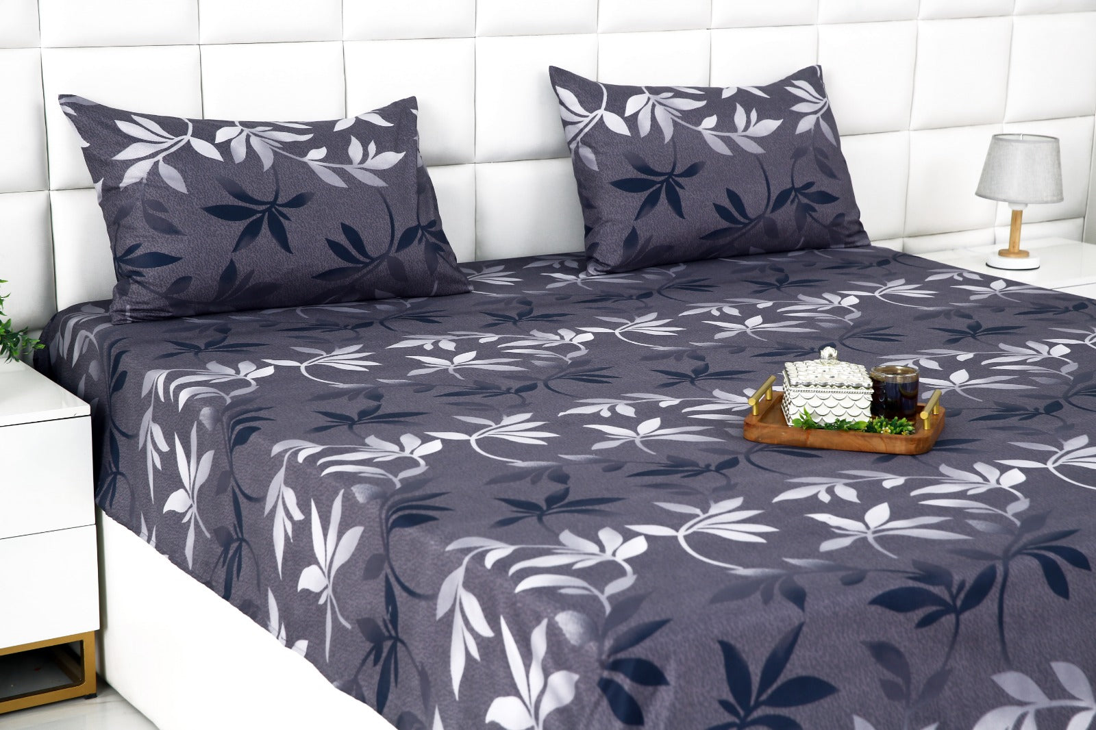 3 PCs Double Bed Sheet-Grey Leaf Bed Sheets Apricot