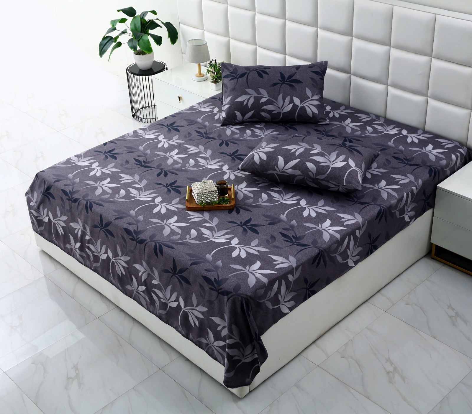 3 PCs Double Bed Sheet-Grey Leaf Bed Sheets Apricot