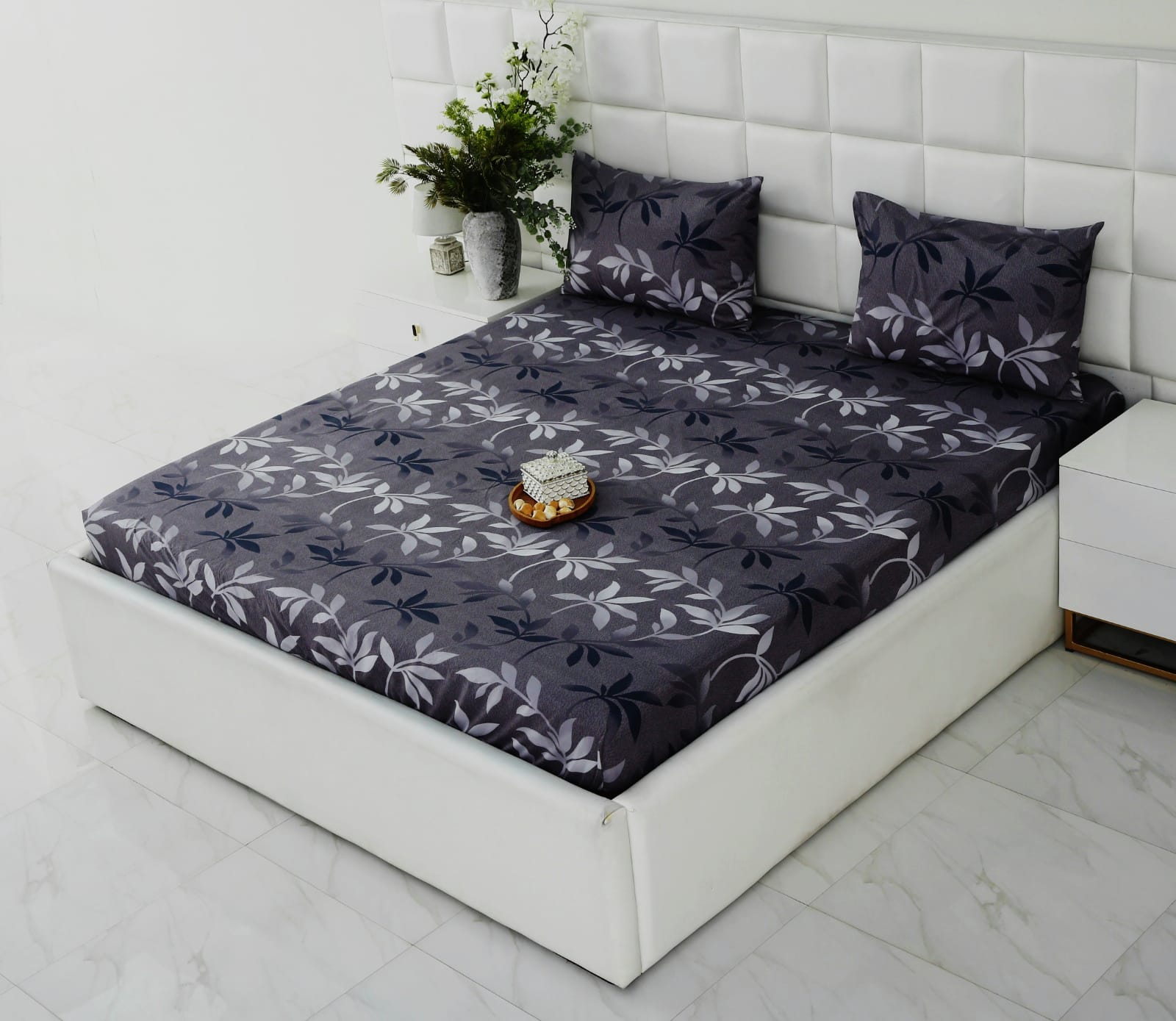 Fitted Bed Sheet-Grey Leaf Fitted Sheets Apricot
