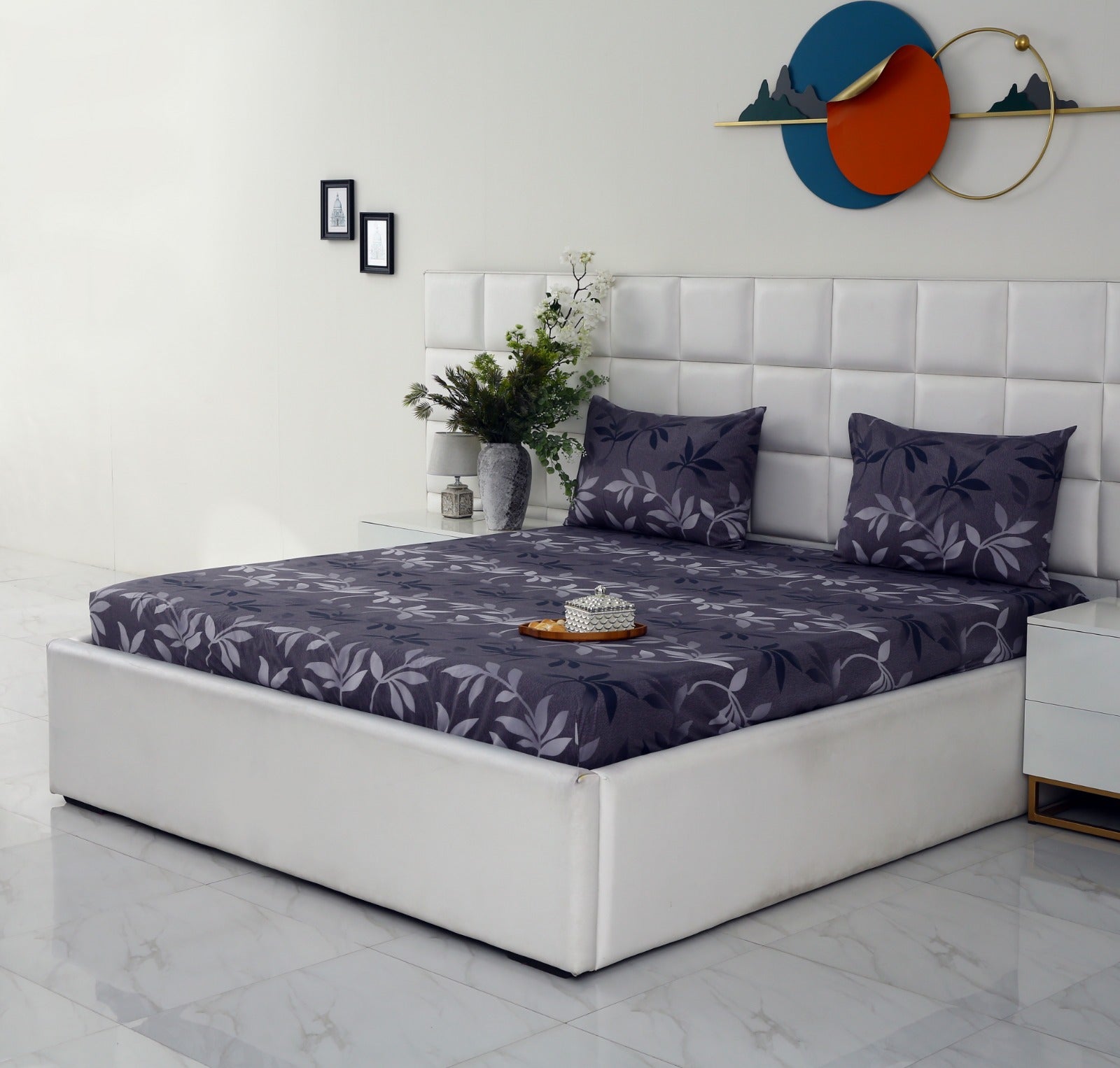 Fitted Bed Sheet-Grey Leaf Fitted Sheets Apricot