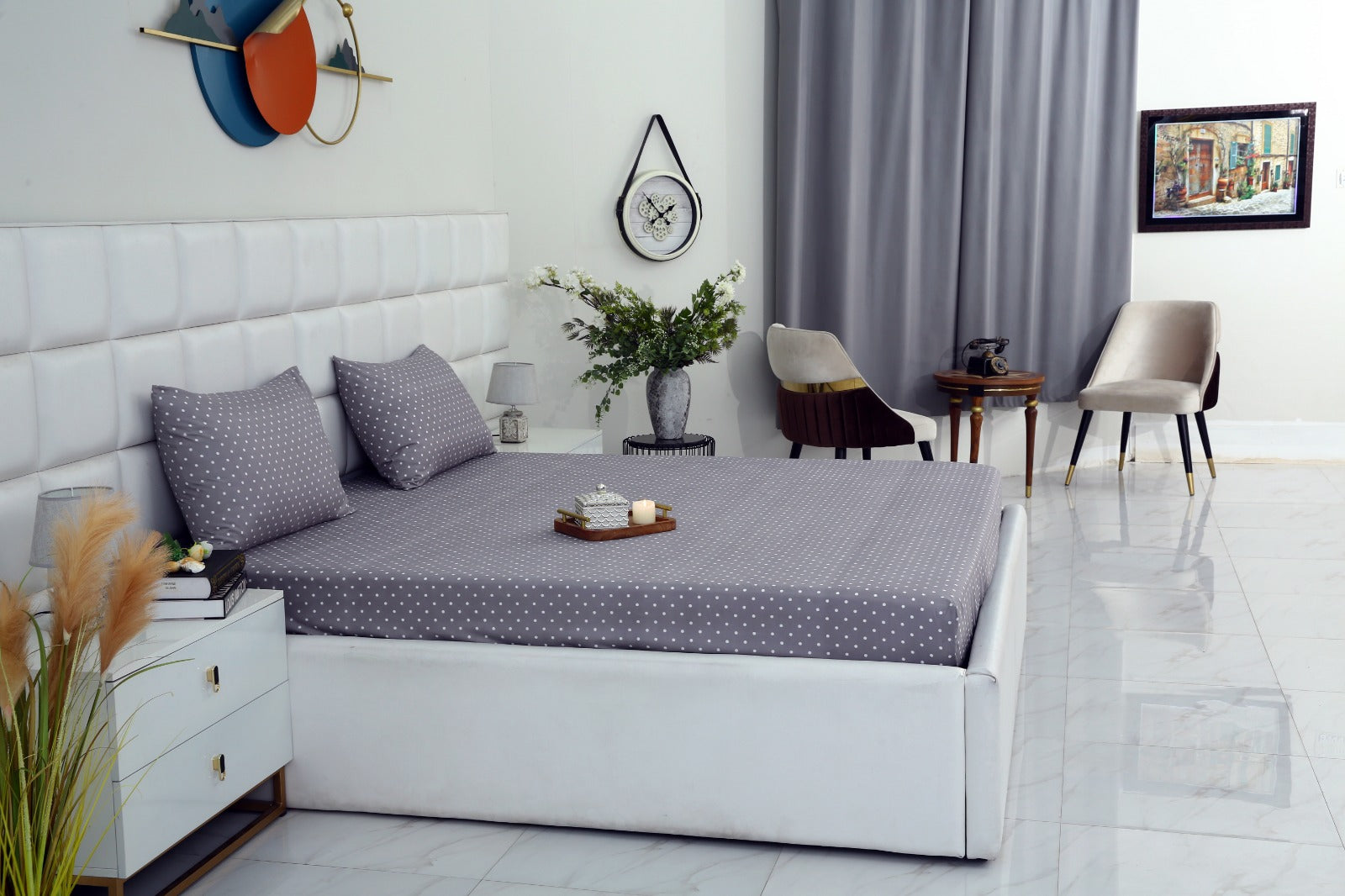 Fitted Bed Sheet-Grey Polka Fitted Sheets Apricot