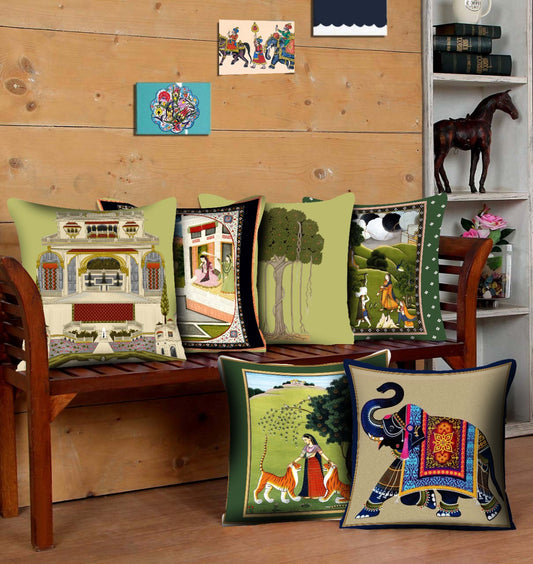 Digital Printed Cushions Assorted 6 PCs-Mughal Art cushions Apricot