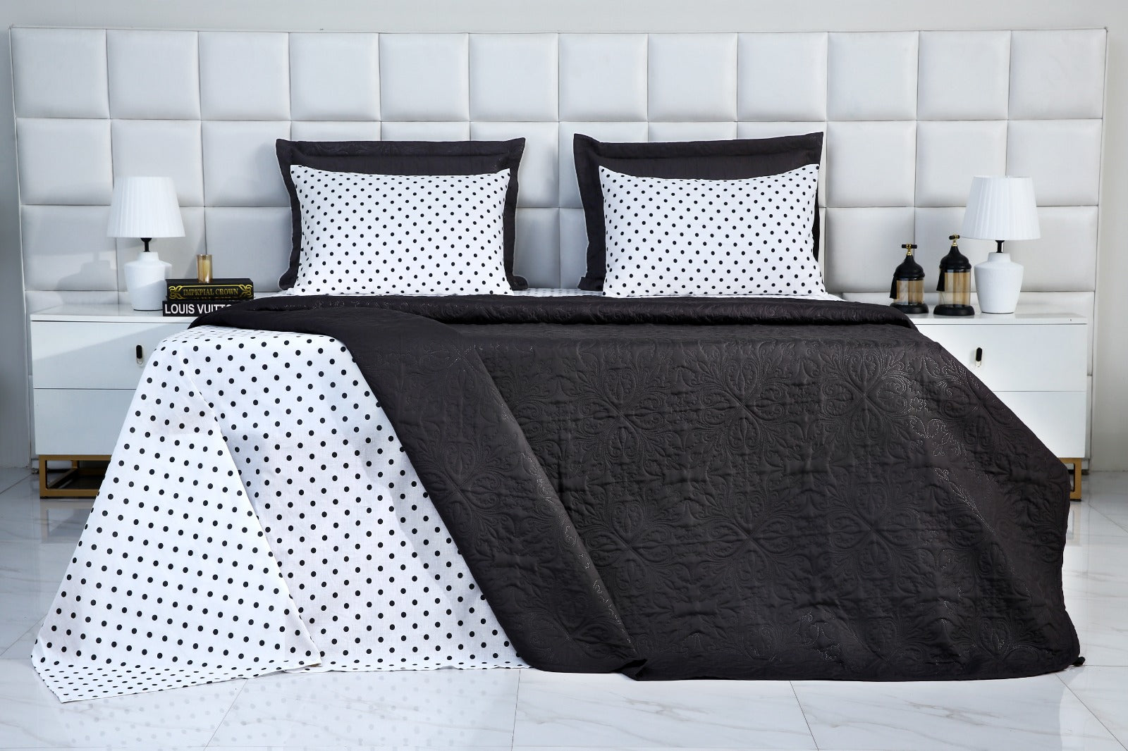 6 PCs Dyed Bed Spread Set-Black Bold Polka Bed Spread Apricot