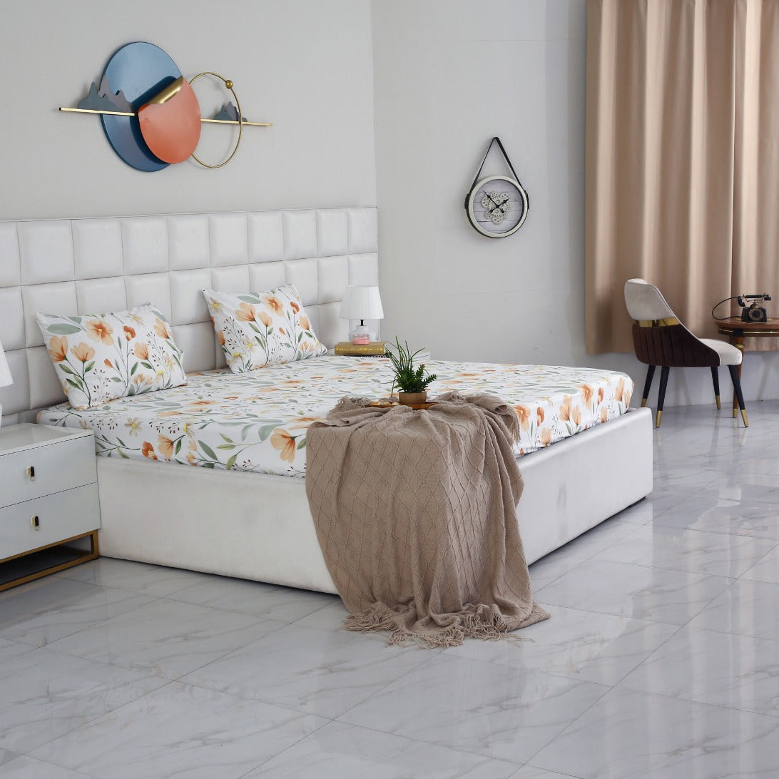 Fitted Bed Sheet-Orange Flower Fitted Sheets Apricot