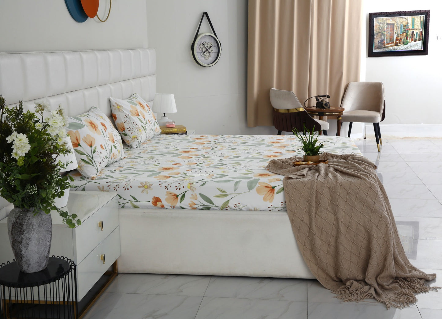 Fitted Bed Sheet-Orange Flower Fitted Sheets Apricot