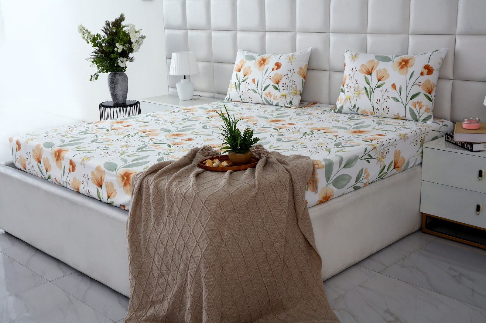 Fitted Bed Sheet-Orange Flower Fitted Sheets Apricot