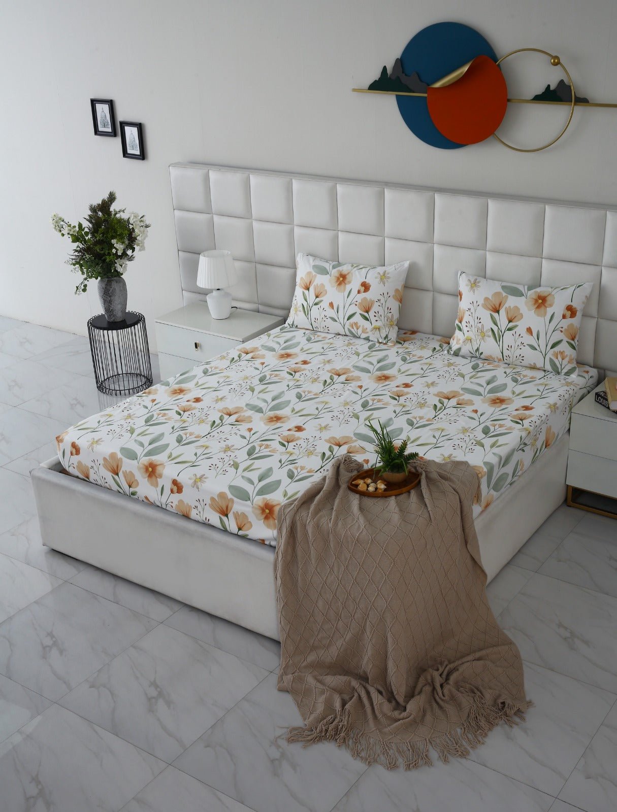 Fitted Bed Sheet-Orange Flower Fitted Sheets Apricot