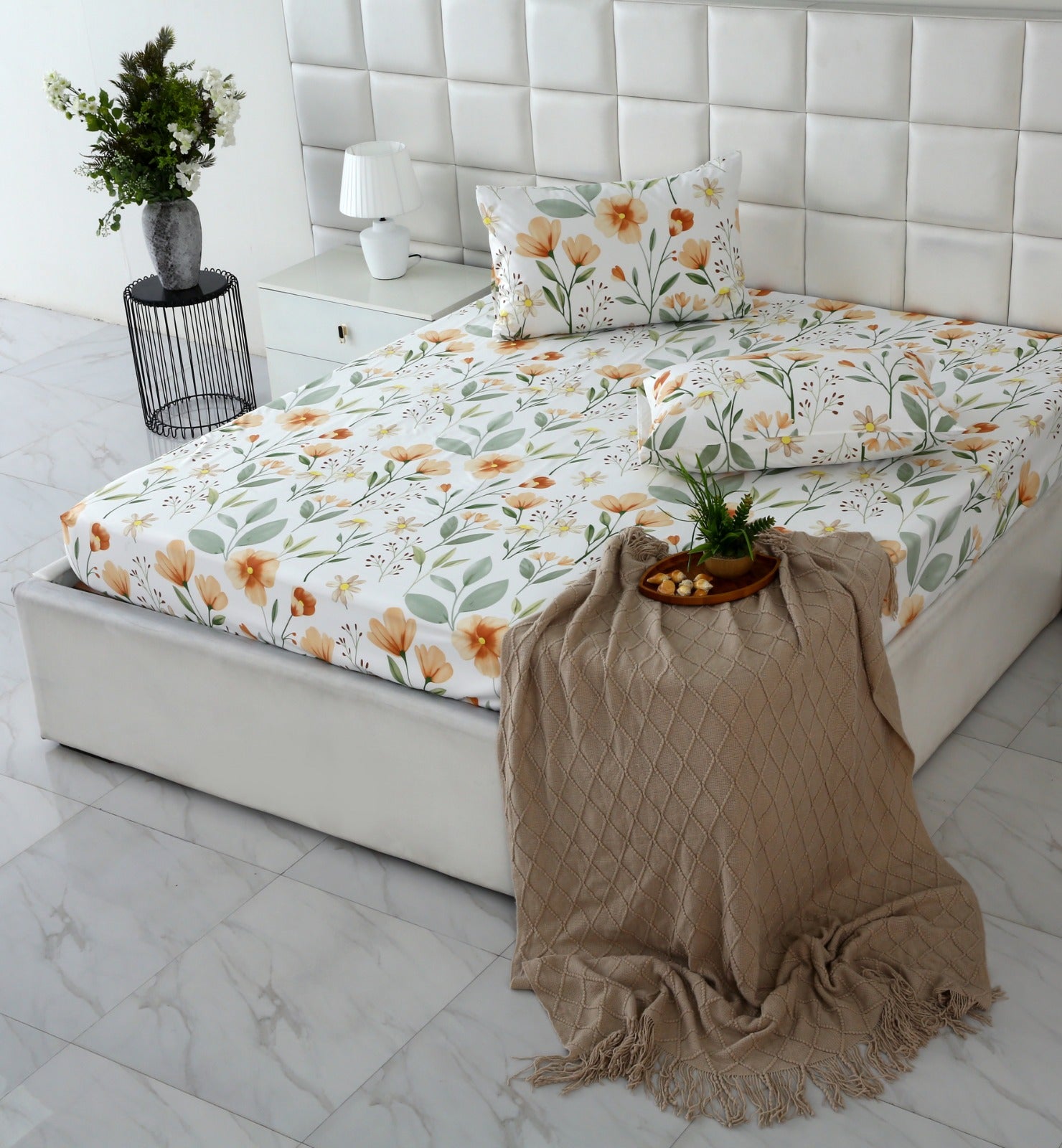 Fitted Bed Sheet-Orange Flower Fitted Sheets Apricot
