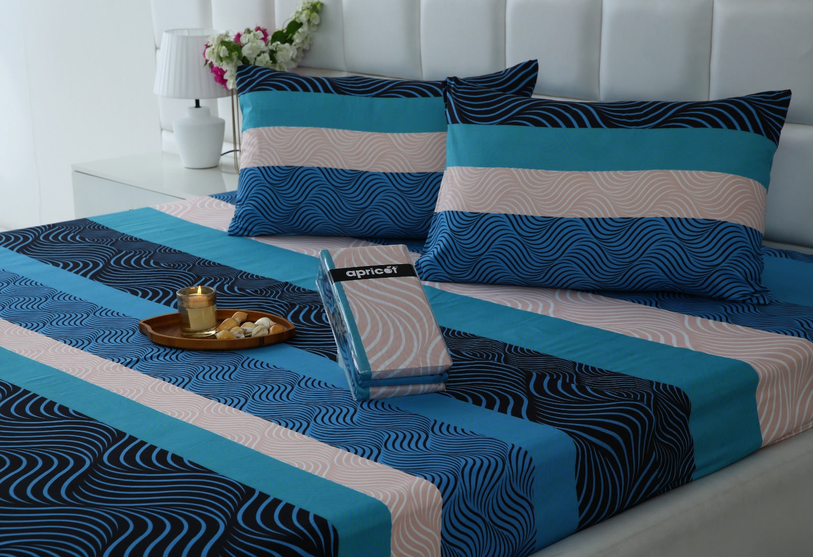 Fitted Bed Sheet-Aqua Wave Fitted Sheets Apricot