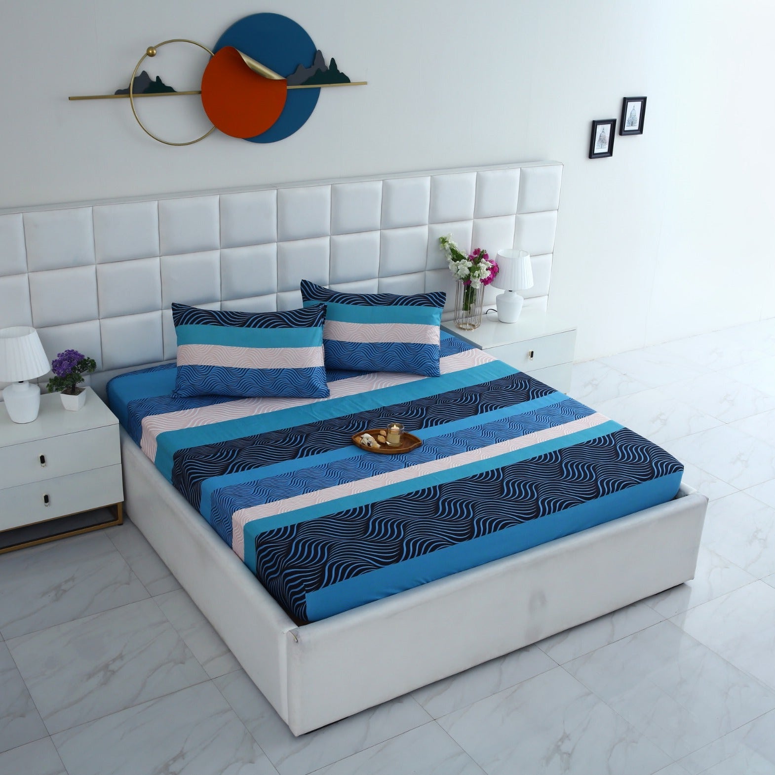 Fitted Bed Sheet-Aqua Wave Fitted Sheets Apricot