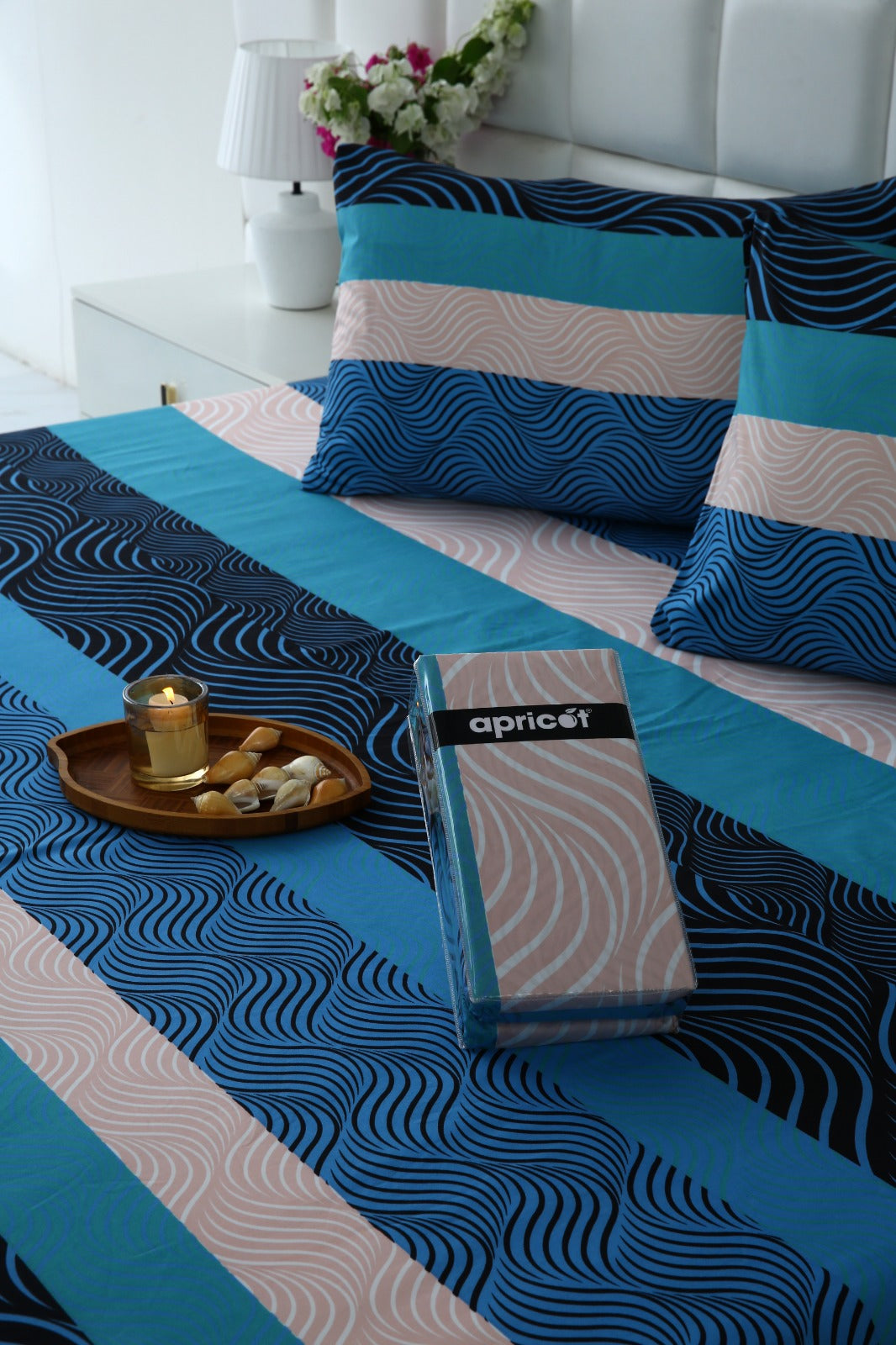 Fitted Bed Sheet-Aqua Wave Fitted Sheets Apricot