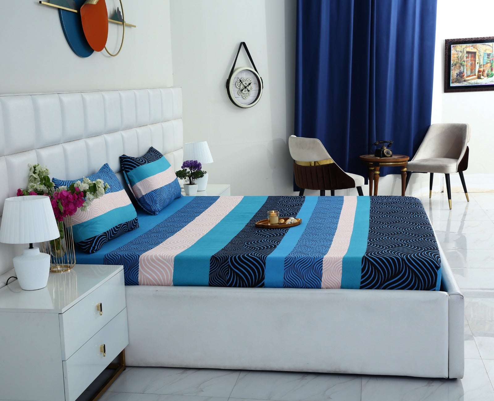 Fitted Bed Sheet-Aqua Wave Fitted Sheets Apricot