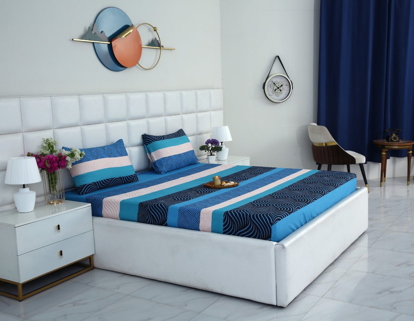 Fitted Bed Sheet-Aqua Wave Fitted Sheets Apricot