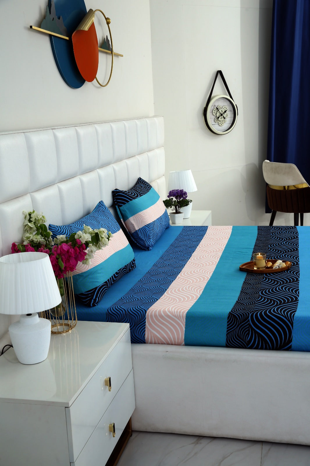 Fitted Bed Sheet-Aqua Wave Fitted Sheets Apricot