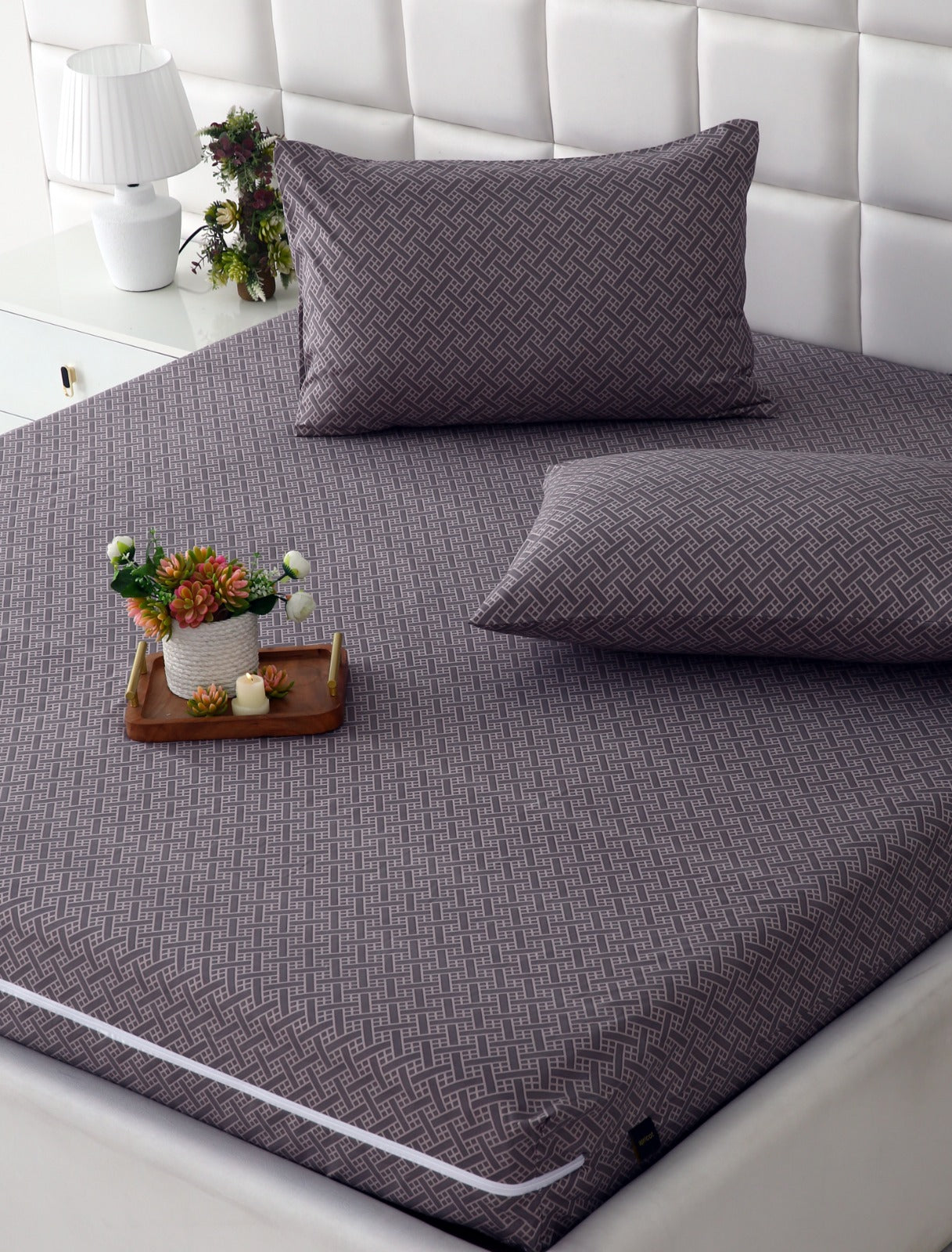 Zipper Mattress Cover Printed-Light Plaid Protectors Apricot