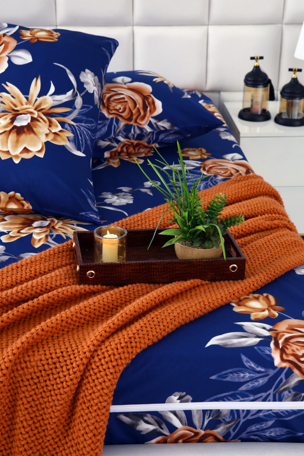 Zipper Mattress Cover Printed-Ethnic Flowers Protectors Apricot