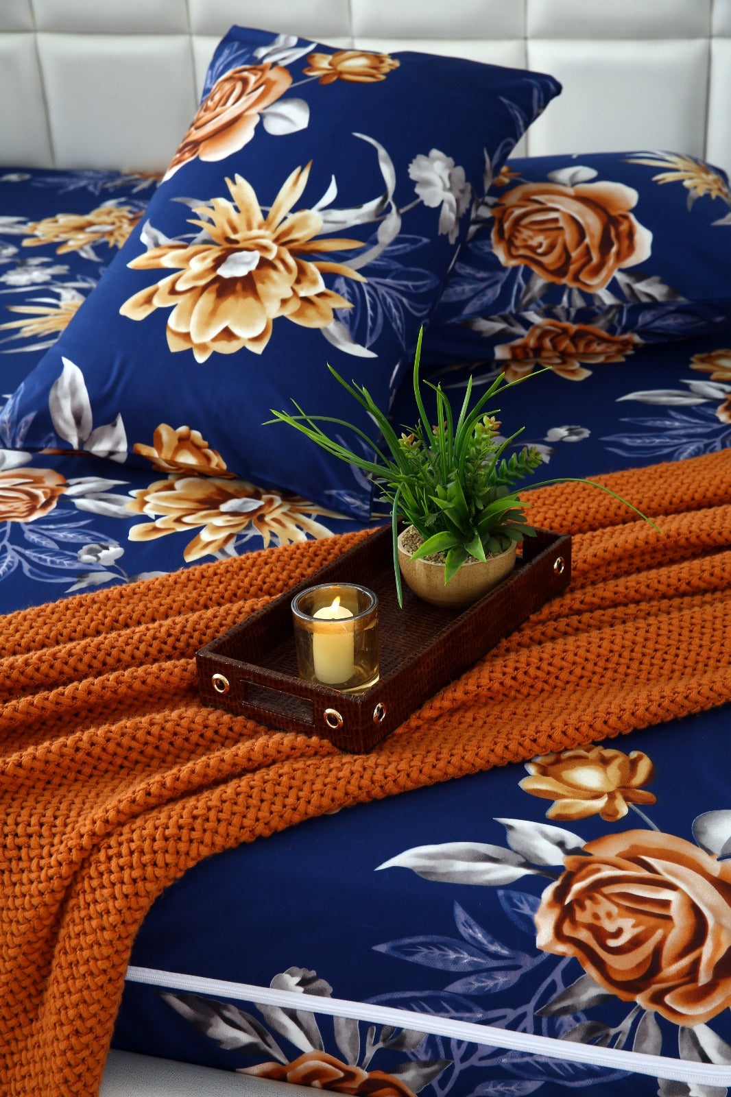 Zipper Mattress Cover Printed-Ethnic Flowers Protectors Apricot