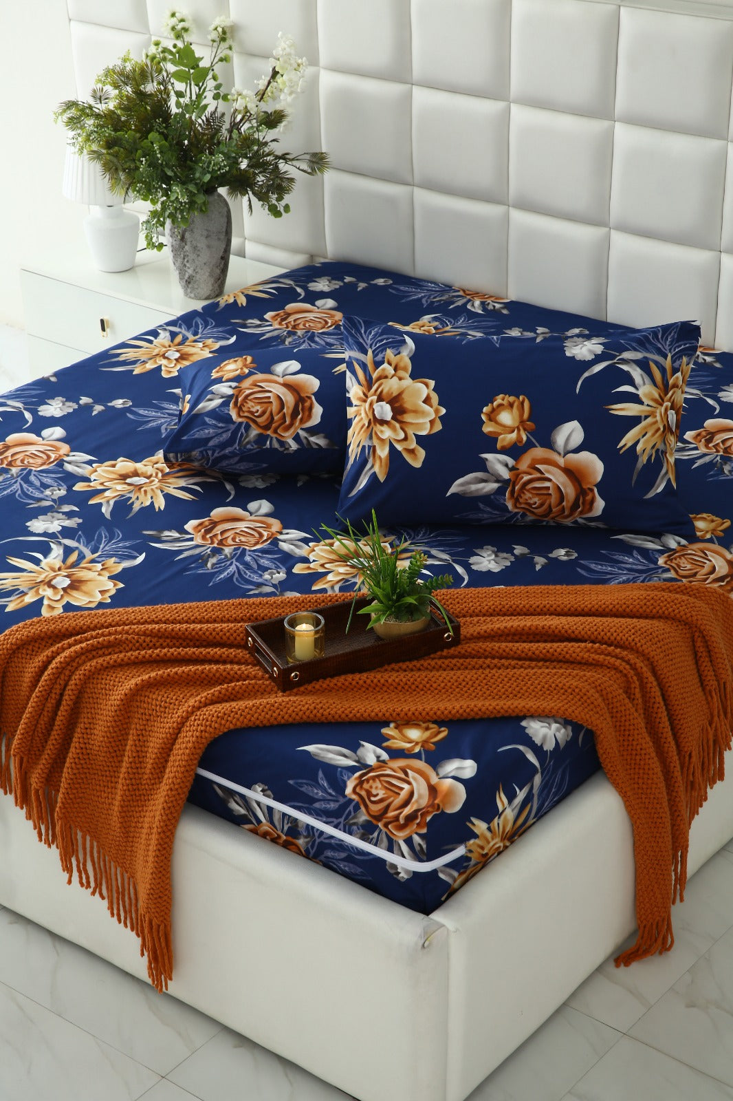 Zipper Mattress Cover Printed-Ethnic Flowers Protectors Apricot