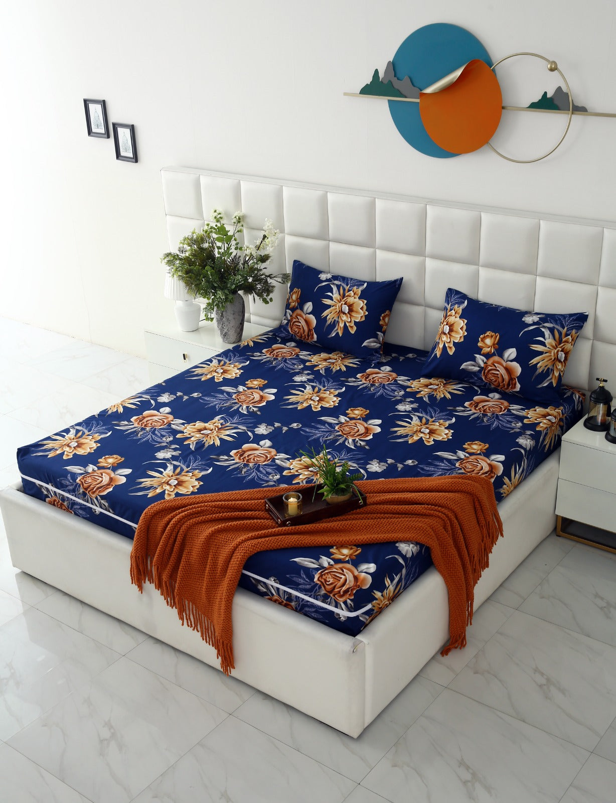 Zipper Mattress Cover Printed-Ethnic Flowers Protectors Apricot