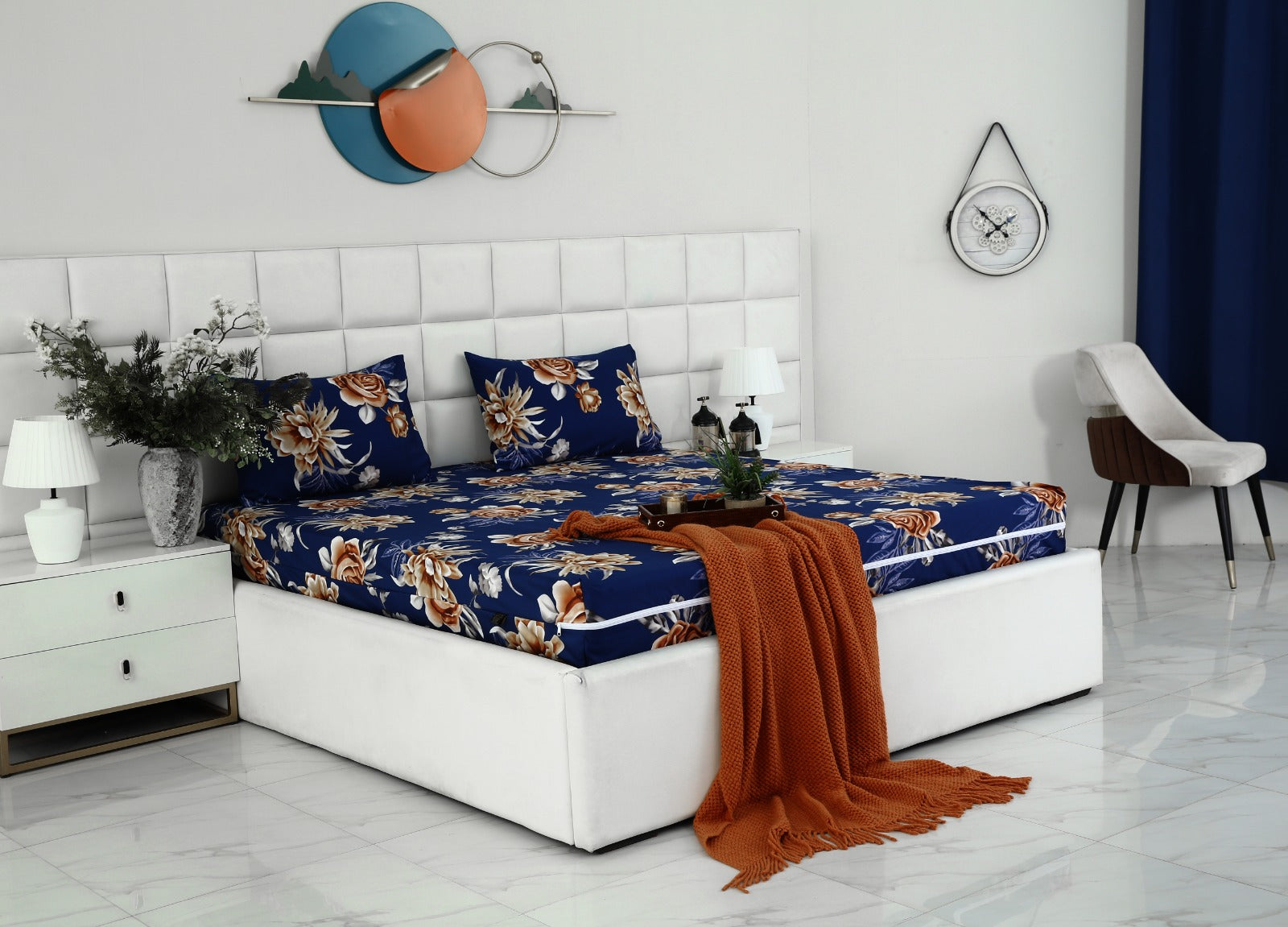 Zipper Mattress Cover Printed-Ethnic Flowers Protectors Apricot