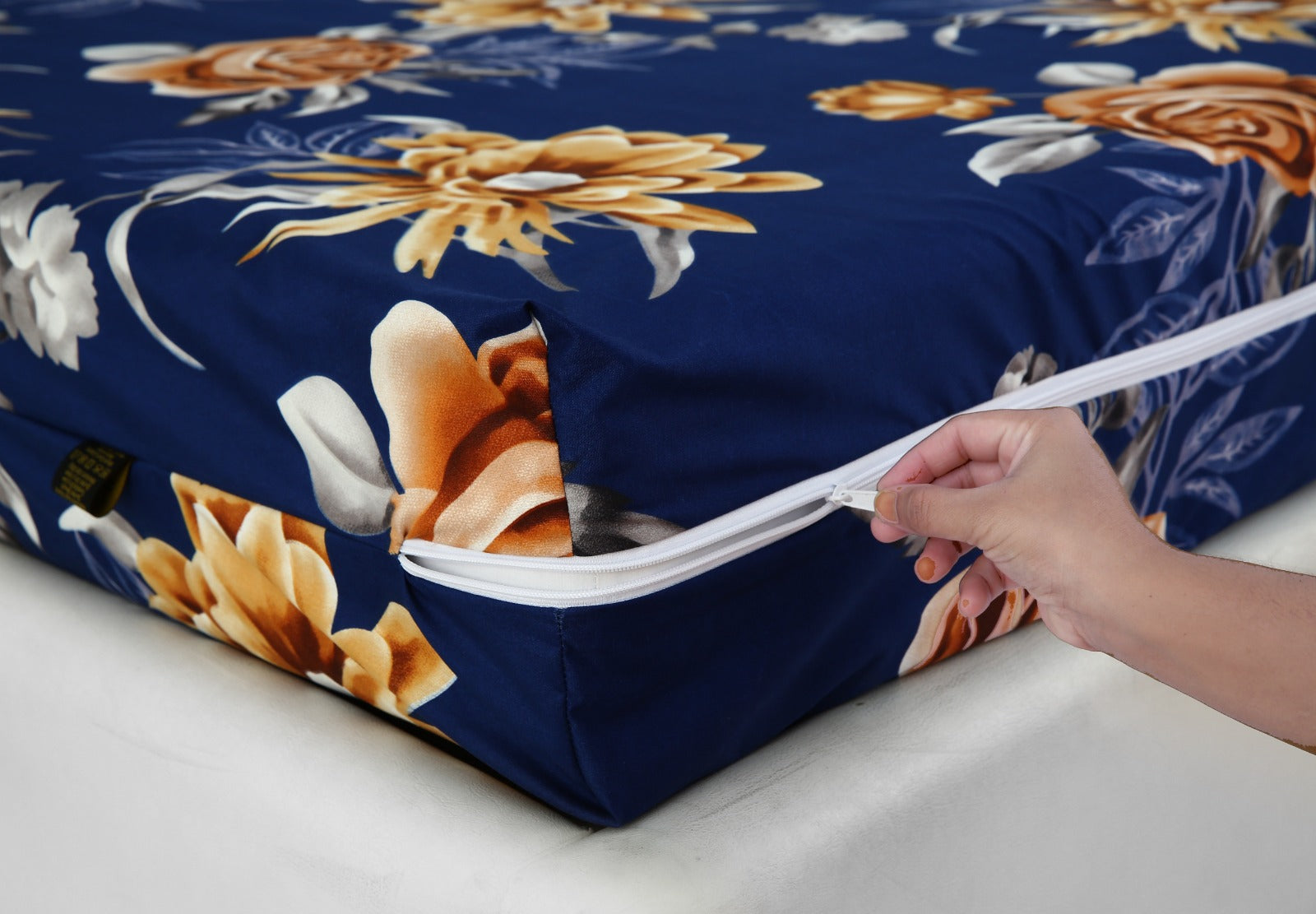 Zipper Mattress Cover Printed-Ethnic Flowers Protectors Apricot