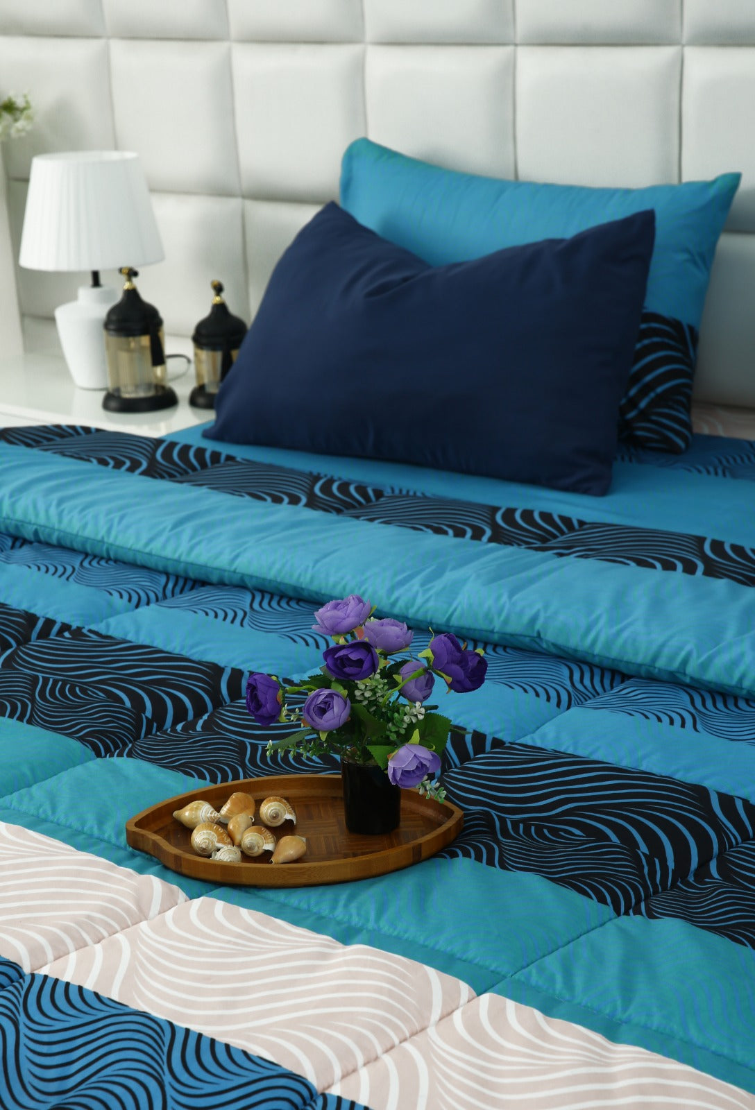 6 PCs Summer Comforter Set-Aqua Waves Bed Spread Apricot