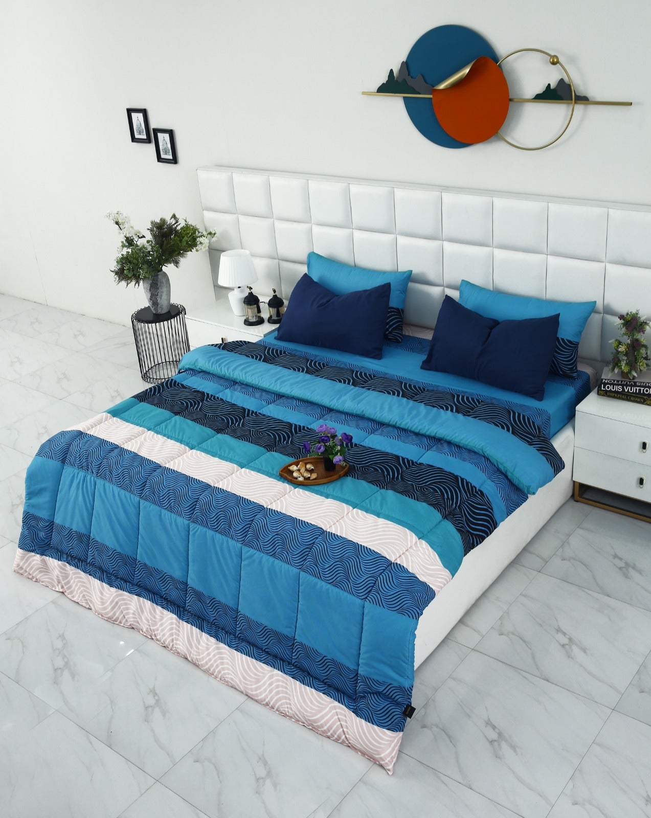 6 PCs Summer Comforter Set-Aqua Waves Bed Spread Apricot
