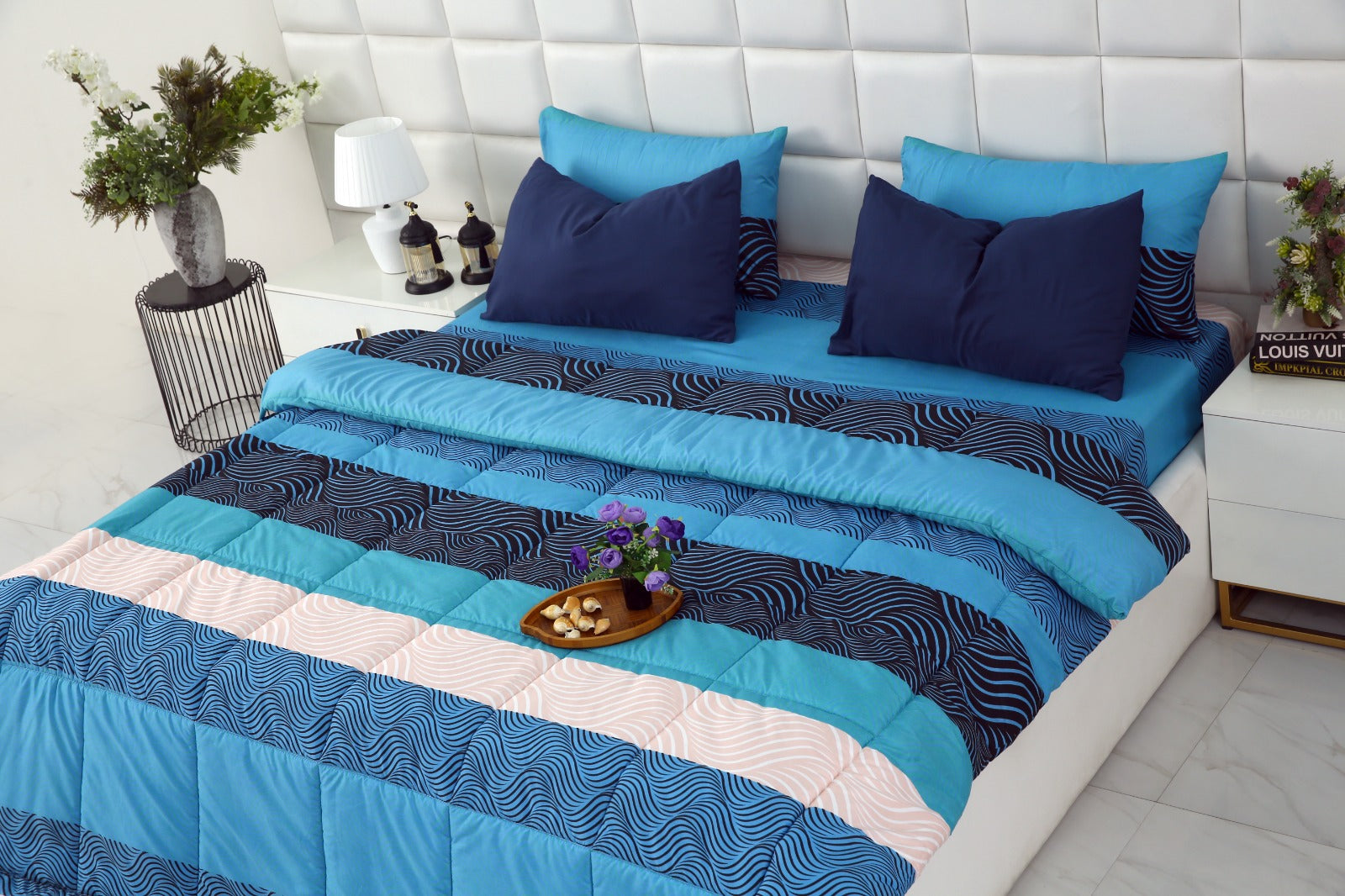 6 PCs Summer Comforter Set-Aqua Waves Bed Spread Apricot