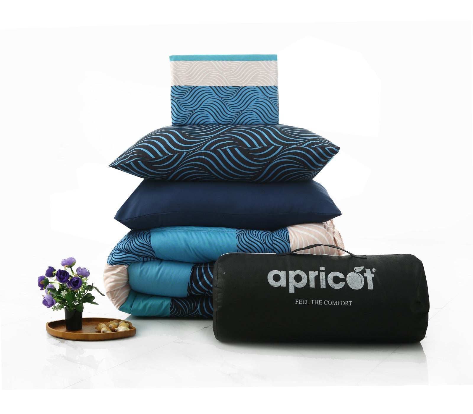 6 PCs Summer Comforter Set-Aqua Waves Bed Spread Apricot