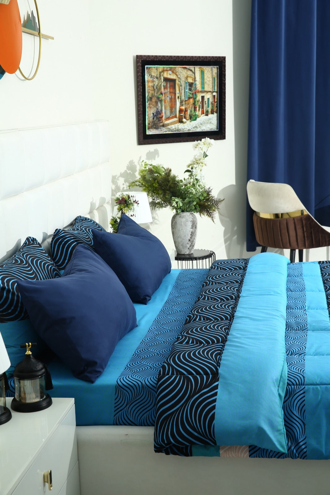 6 PCs Summer Comforter Set-Aqua Waves Bed Spread Apricot