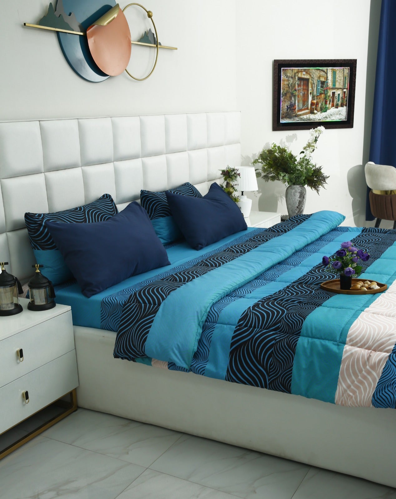 6 PCs Summer Comforter Set-Aqua Waves Bed Spread Apricot